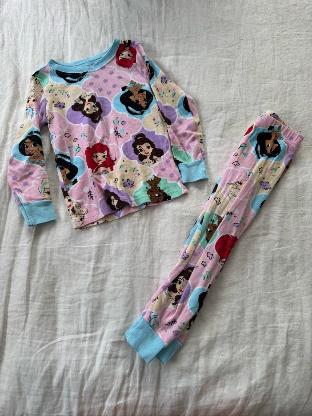 Disney Pink Kids Princess Pajama Set with Light Blue Trim